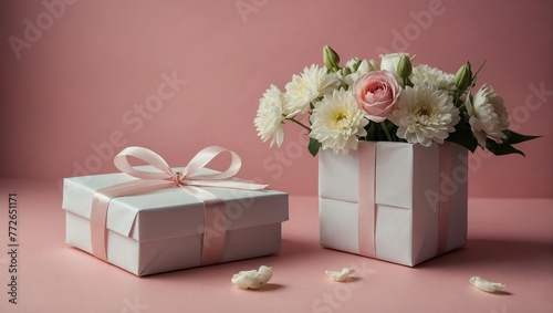 Mother's day card, pink background with white flowers and a present