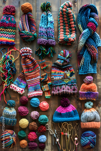 A Display of Diverse, Hand-knitted Apparel on a Rustic Wooden Table