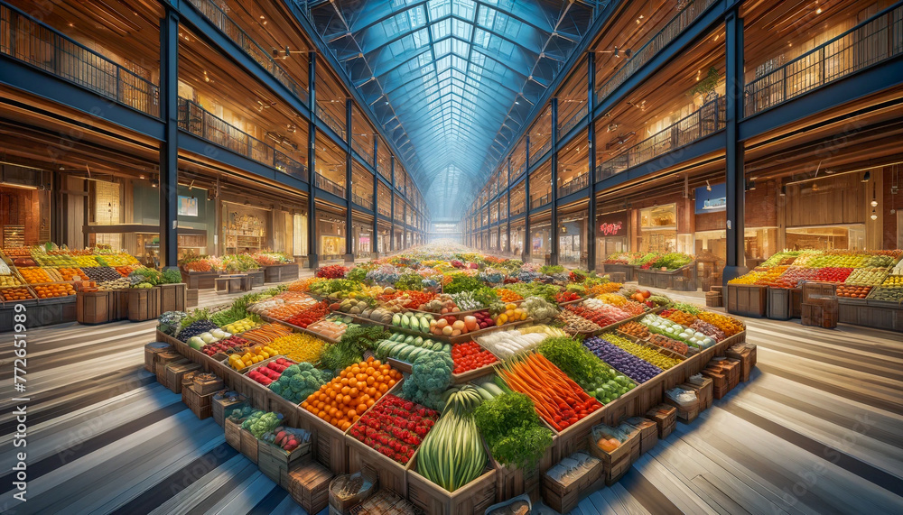 Indoor market hall filled with an extensive array of neatly organized fresh produce. - obrazy, fototapety, plakaty 