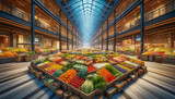 Indoor market hall filled with an extensive array of neatly organized fresh produce.