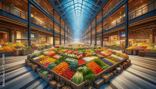 Indoor market hall filled with an extensive array of neatly organized fresh produce. photo