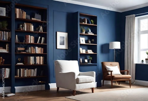 Blue-hued living room featuring stylish bookshelves Relaxing space with blue walls and curated book collection, Serene blue-themed living room with organized bookshelves.