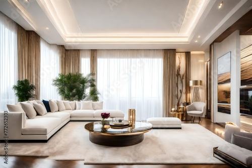 Sleek contemporary lounge with white furniture and hanging light fixture  Minimalist white-themed living space with stylish chandelier  Elegant modern living room with white furnishings.