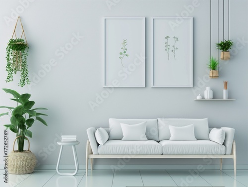 Sala de estar minimalista com cores claras. Apresenta um sof   branco com almofadas  plantas em pendente e em vaso  al  m de um quadro grande na parede  criando um ambiente sereno e contempor  neo.