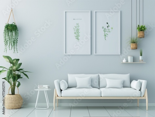 Sala de estar minimalista com cores claras. Apresenta um sofá branco com almofadas, plantas em pendente e em vaso, além de um quadro grande na parede, criando um ambiente sereno e contemporâneo. photo