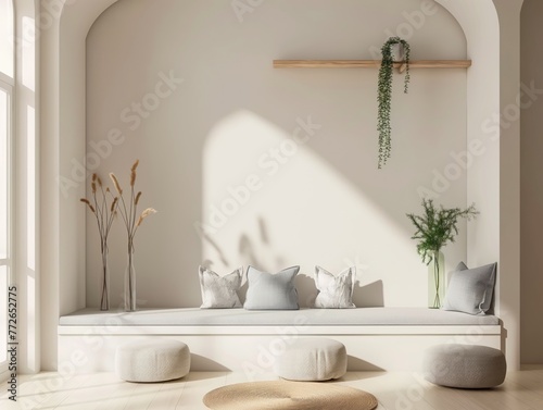 Sala de estar moderna e minimalista com um sofá embutido na parede, proporcionando uma sensação de amplitude no ambiente, enquanto mantém um design limpo e contemporâneo photo