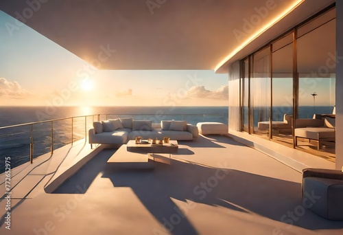 Relaxing ocean scenery seen from contemporary apartment  Balcony overlooking serene ocean landscape  Clear blue ocean view from modern apartment balcony.