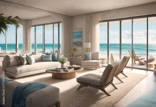 Relaxing room with ocean backdrop  Peaceful coastal living room   Serene living room with ocean view.