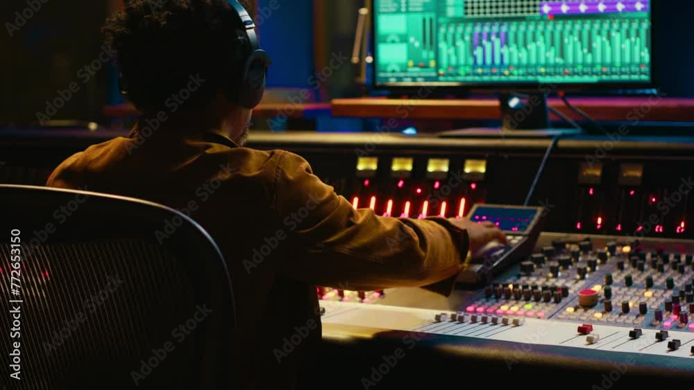 Music producer recording and editing tracks in control room, pressing buttons to create sound effects in post production. Audio technician operates on professional studio equipment. Camera A. Music producer recording and editing tracks in control room, pressing buttons to create sound effects in post production. Audio technician operates on professional studio equipment. Camera A.