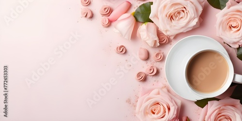 Cup of coffee and roses on pink background. Stylish Pink Background with Coffee Cup and Roses