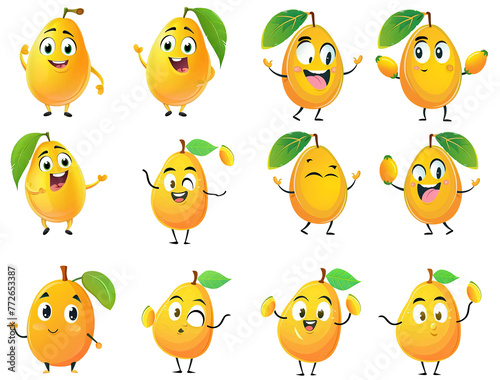 Cute Mango Cartoon Character in Various Poses, Vector Illustration on White Background