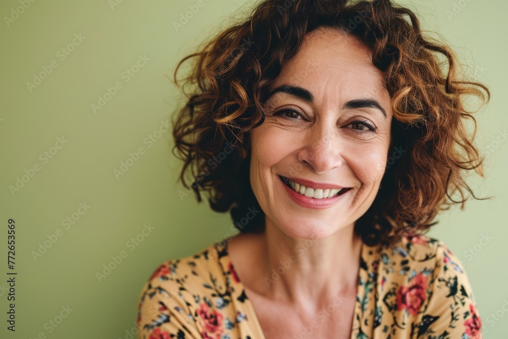 Portrait of a beautiful middle aged woman smiling at the camera while standing against green background