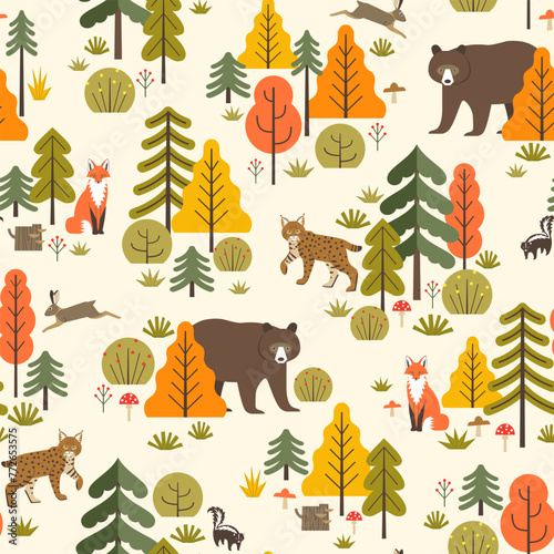 Vector seamless pattern of forest animals, trees, bushes, mushrooms and berries. Autumn woodland landscape surface pattern design. © fireflamenco