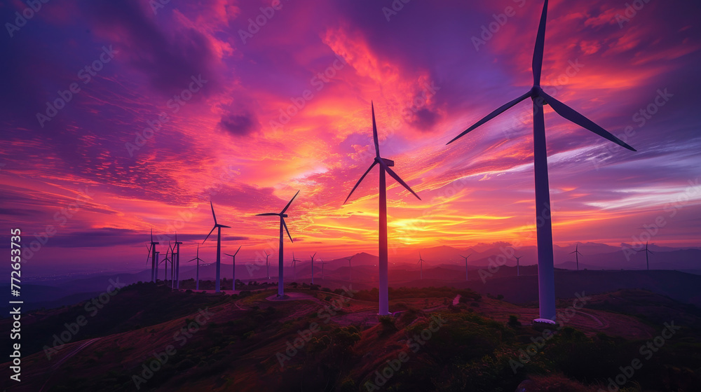 Obraz premium Wind turbines at sunset and a dramatic sky
