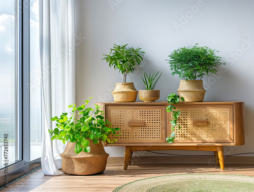 Sala de estar contemporâneo eco-friendly, com um aparador em madeira rústica complementado por uma variedade de plantas, criando um ambiente acolhedor e conectado à natureza