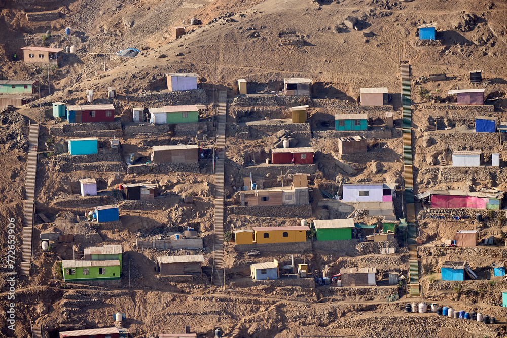 Lima, the capital of Peru, has various neighborhoods and districts, and some of them have informal settlements commonly referred to as "shanty towns" or "slums." - obrazy, fototapety, plakaty 