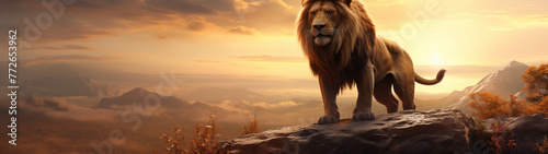 Lion Stands Majestically on Mountain Cliff at Sunrise