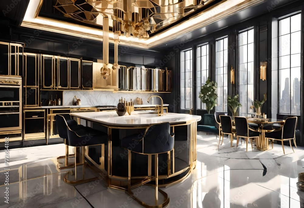 Luxurious kitchen design featuring black, gold accents, and marble counters, Modern kitchen ...