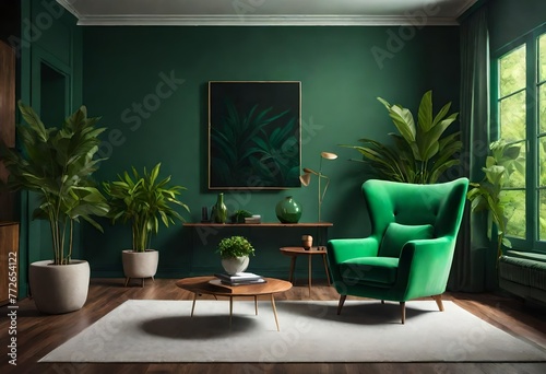 Relaxing green-themed living space, Green ambiance with comfortable chair, Serene living room with green décor.