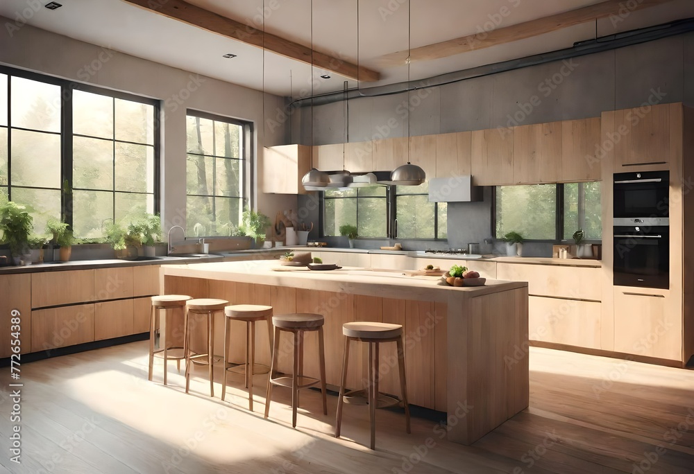 Elegant kitchen design showcasing wooden elements and seating, Contemporary kitchen featuring wooden cabinets and seating, Stylish kitchen with wooden finishes and trendy stools.