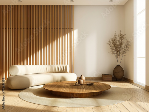 Sala de estar eco-friendly com móveis modernos de formas arredondadas e uma parede com ripas de madeira. Móveis ecologicamente projetados, combinando funcionalidade, estilo e sustentabilidade. photo