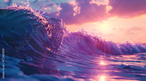 An ocean wave with the sun setting in the background presents a soft-focused scene in magenta and aquamarine. © Duka Mer