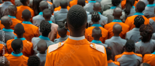 A kid in uniform stands in front of a crowd of people, viewed from an aerial perspective in silver and orange, embodying contemporary feminism, symmetry, and repetition.