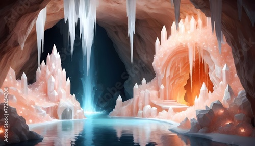 cave, fantasy world, fluffy cave made of peach crystals, white and shiny, fountains of water, peach and white, --testp --upbeta photo