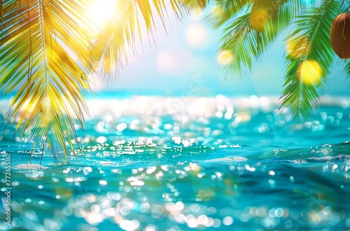 Abstract Summer Setting Featuring Blurred Sea, Palm Leaves, and Defocused Bokeh Lights. Made with Generative AI Technology © mafizul_islam