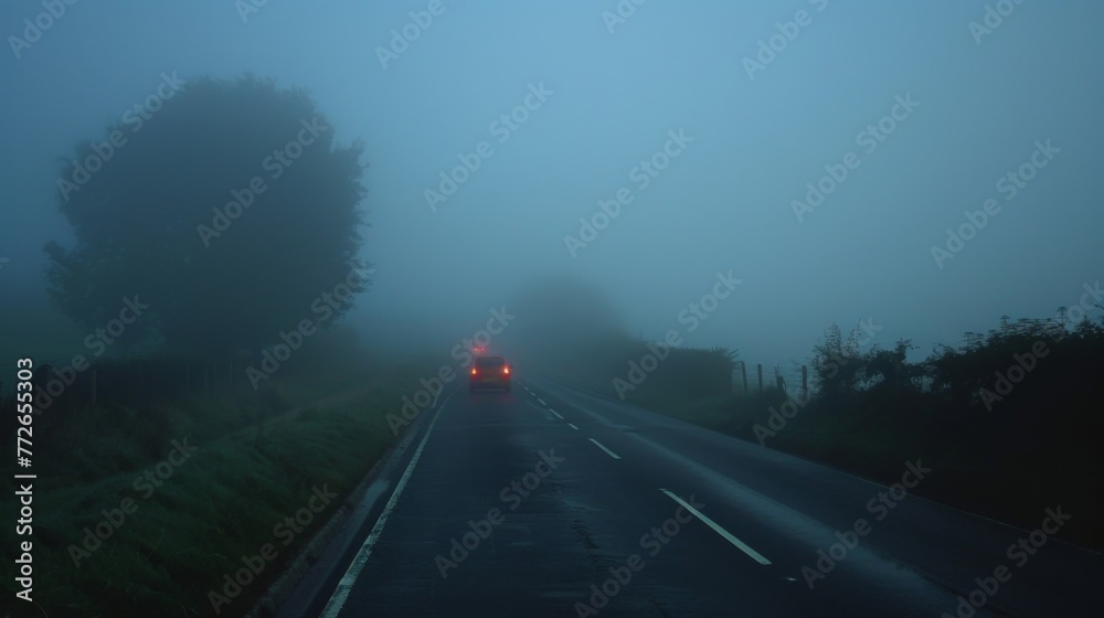 A driver pulls over on the shoulder waiting for the fog to clear before continuing their journey and avoiding any possible road mishaps.