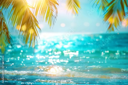 Abstract Summer Setting Featuring Blurred Sea, Palm Leaves, and Defocused Bokeh Lights. Made with Generative AI Technology
