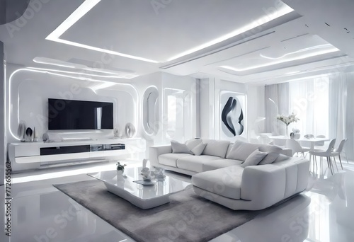 Clean and bright living area with white furnishings  Sleek white sofa and television in bright living space  Serene white room with modern seating and entertainment.