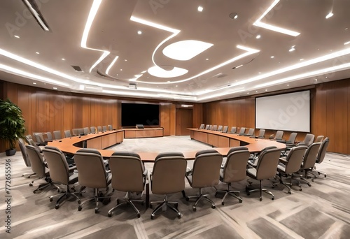 Professional meeting space with a circular table and seating for discussions, Interior of a conference room showcasing a round table surrounded by chairs, A modern conference room with a sleek round.
