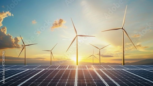 Solar panels and wind power generation equipment.