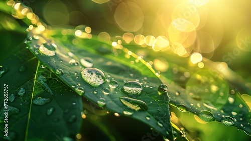 Green leaf with drops of water.