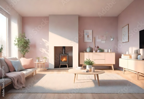 Warm and inviting space with rustic wood stove  Vintage touch with pink walls and classic stove  Cozy living room with pink walls and wood burning stove.