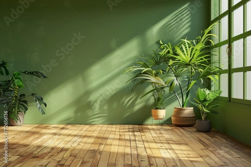 Potted plants decorating an empty living room with green walls and hardwood floor, 3D rendering
