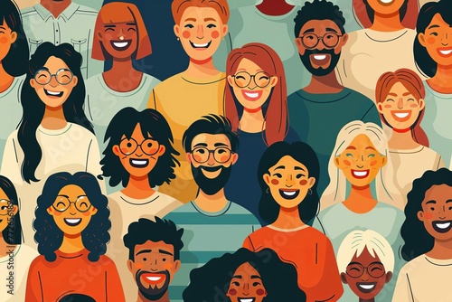Positive diverse people of various ethnicities and ages smiling together, multicultural unity and happiness concept illustration