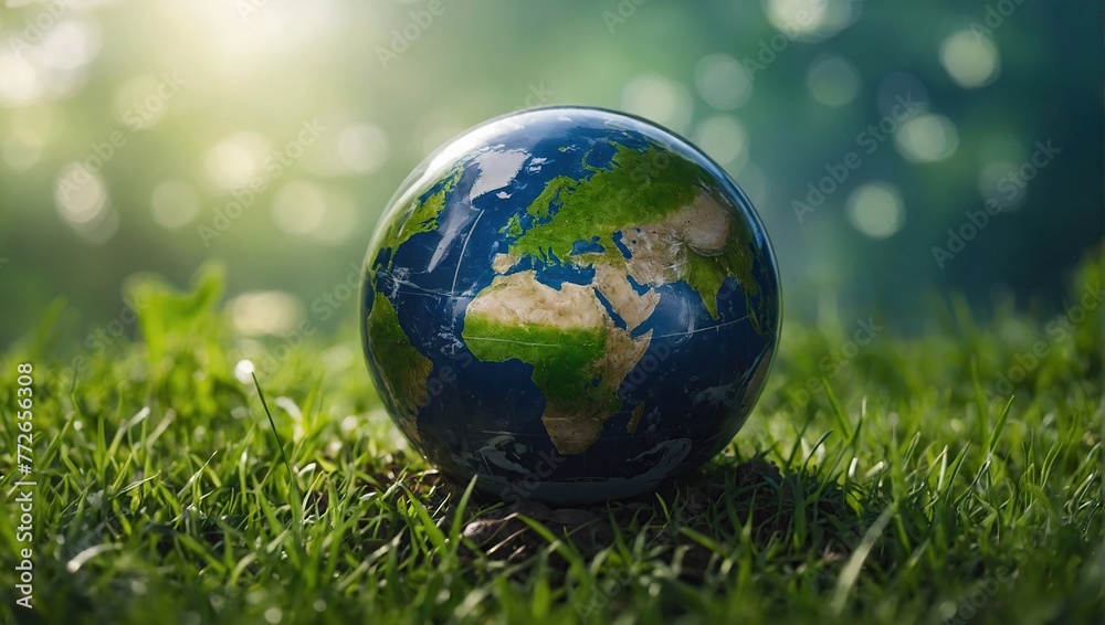 Concept Save the world save environment The world is in the grass of the green bokeh background environment day, earth day, global warming day