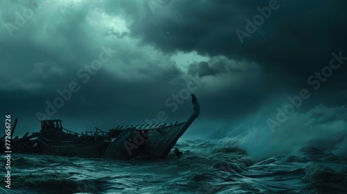 A lone survivor clings to debris from a shipwreck surrounded by menacing dark waters and ominous storm clouds.