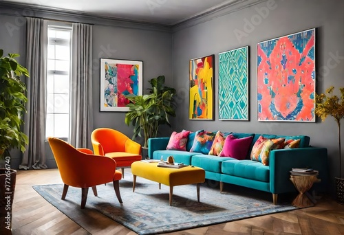 Vibrant living room with colorful sofa and chairs, Cozy seating area with colorful furniture, Bright and inviting space with colorful seating options.
