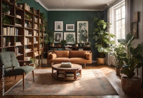 Serene green-walled living space with books neatly displayed, Cozy living room with green walls and filled bookshelves, Inviting atmosphere with lush green walls and organized bookshelves.