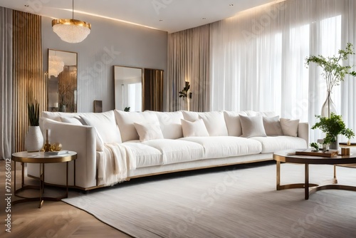 Luxurious white sofa with gold details in modern living space, Chic white sofa surrounded by golden décor in cozy living area, Stylish white couch with hints of gold in contemporary room.