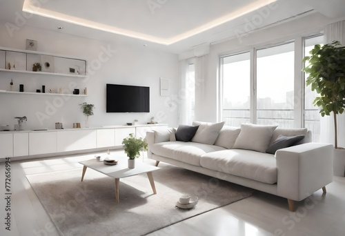TV and coffee table in a bright living space  White living room with a minimalist design  Simple and elegant white interior with entertainment area.