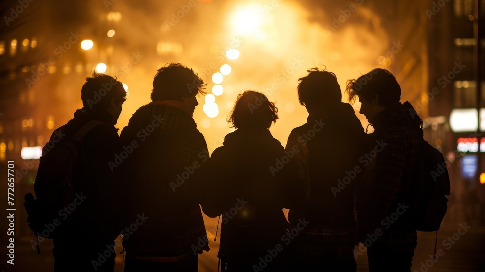 A group of silhouetted figures huddle together on a smoky street corner backs turned to the camera as they discuss latest . .