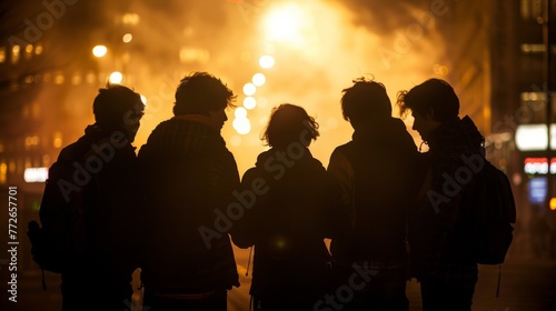 A group of silhouetted figures huddle together on a smoky street corner backs turned to the camera as they discuss latest . . © Justlight