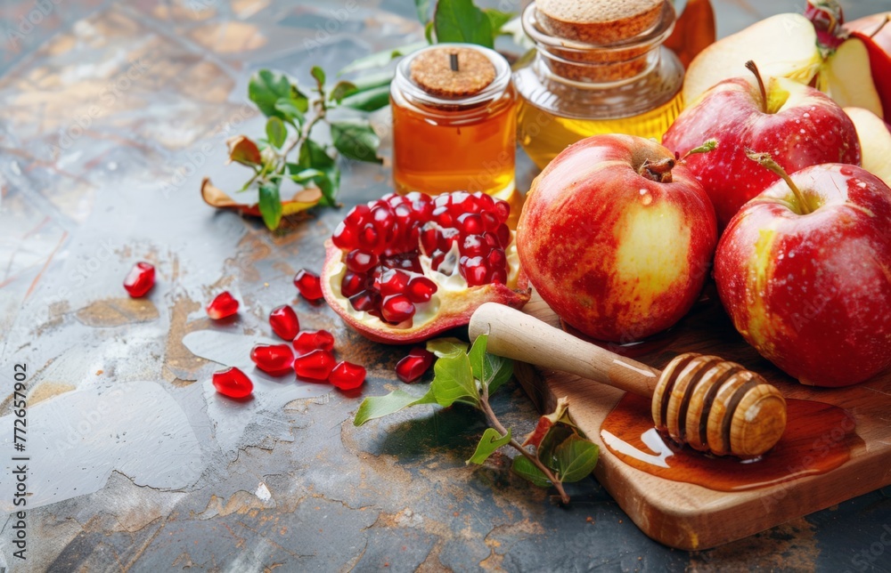 Apples, pomegranate seeds and honey on a dark background. The traditional food of the Rosh Hashanah New Year holiday. A Religious greeting card. a postcard, an invitation. Apples, pomegranate seeds and honey on a dark background. The traditional food of the Rosh Hashanah New Year holiday. A Religious greeting card. a postcard, an invitation.