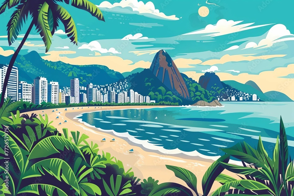 Rio de Janeiro cityscape, breathtaking travel destination in Brazil, vibrant city life illustration