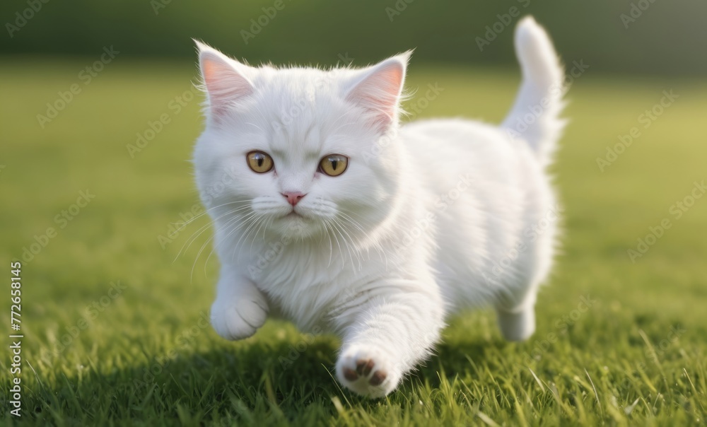 Cute white cat run on the grass with happiness