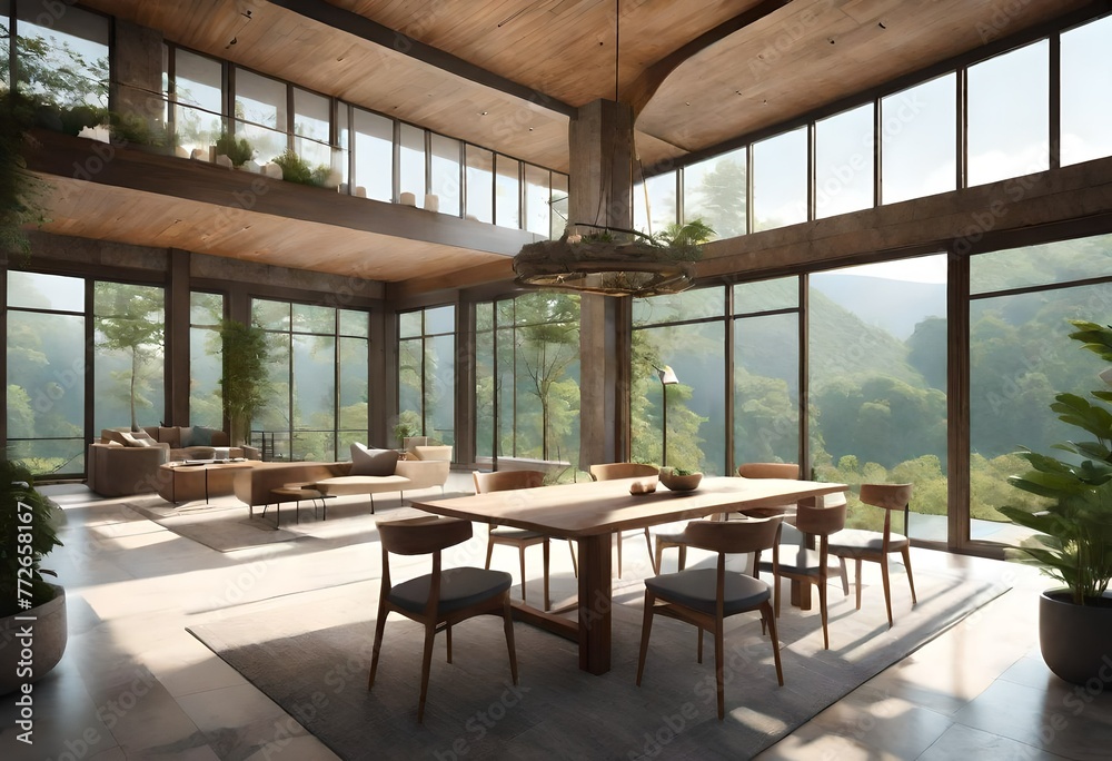 A cozy dining space with a tranquil forest backdrop, Sunlight streaming into a serene dining room with a view of the woods, Natural light illuminating a dining room overlooking a lush green forest.